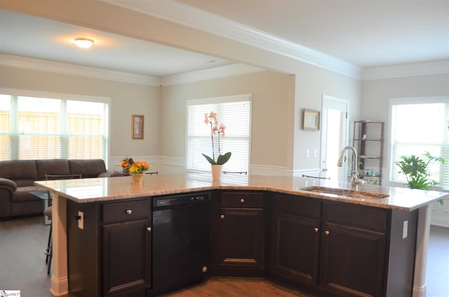 kitchen featuring sink, light stone countertops, dishwasher, and a wealth of natural light