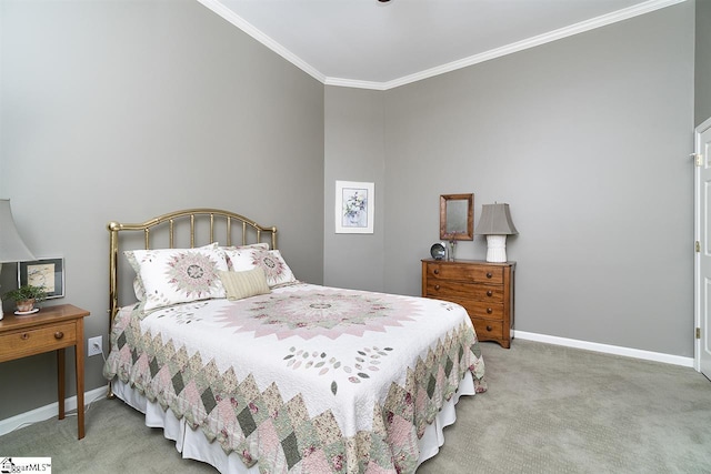 carpeted bedroom with ornamental molding