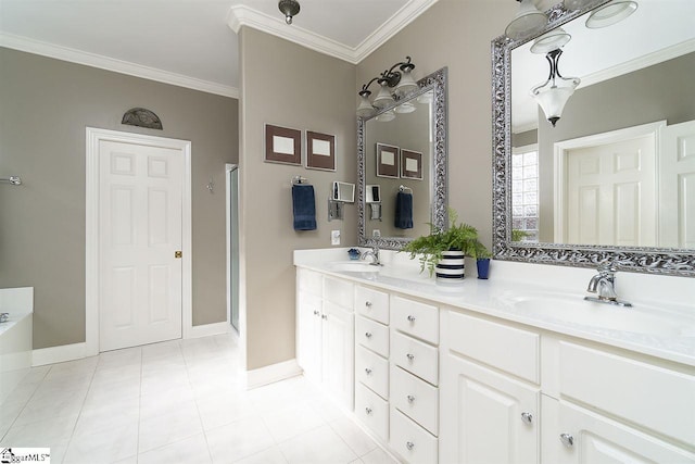 bathroom featuring ornamental molding, dual vanity, tile floors, and independent shower and bath