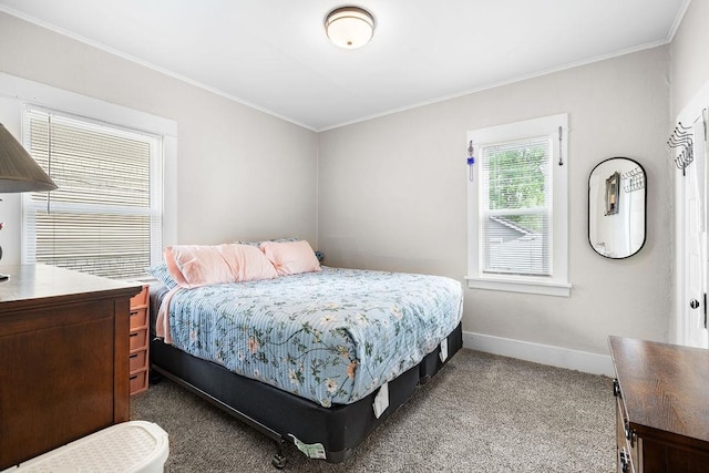 carpeted bedroom with ornamental molding