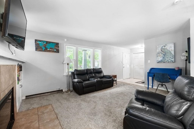 living room with baseboard heating, tile floors, and a fireplace