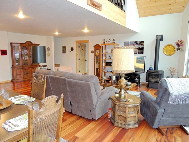 35025 Mourning Dove Ln N, Davenport, WA 99122 - living room with a wood stove, light wood-style flooring, and recessed lighting