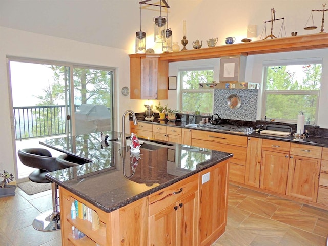 35025 Mourning Dove Ln N, Davenport, WA 99122 - kitchen with a sink, plenty of natural light, dark stone countertops, and an island with sink