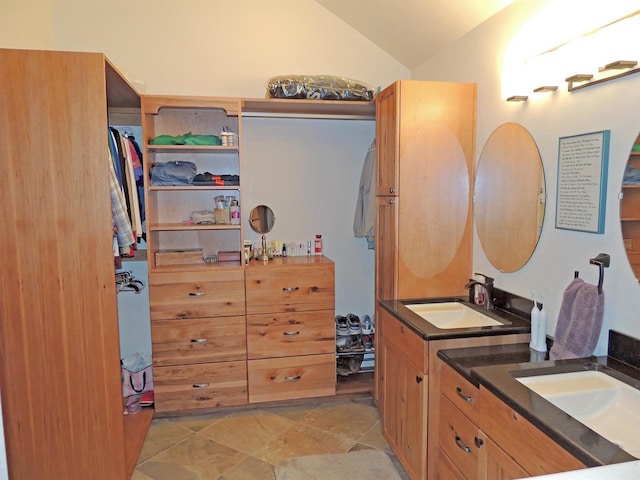 35025 Mourning Dove Ln N, Davenport, WA 99122 - bathroom with vanity and vaulted ceiling