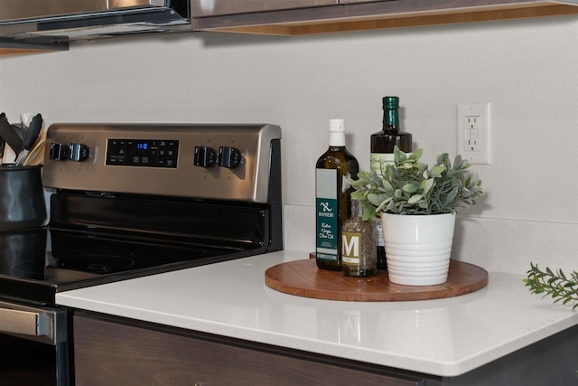 details with electric stove and dark brown cabinetry