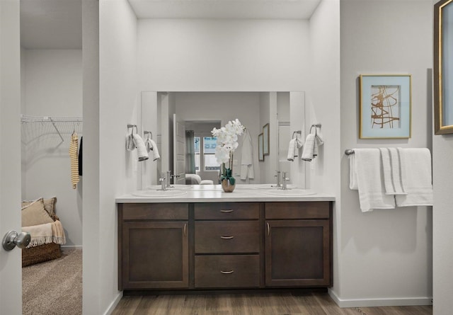 bathroom with wood-type flooring and vanity