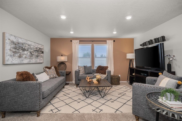 carpeted living room with a textured ceiling