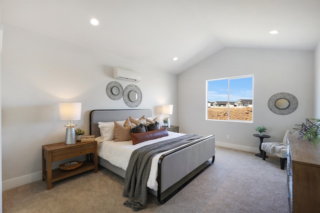 bedroom featuring light colored carpet, a wall mounted AC, and vaulted ceiling