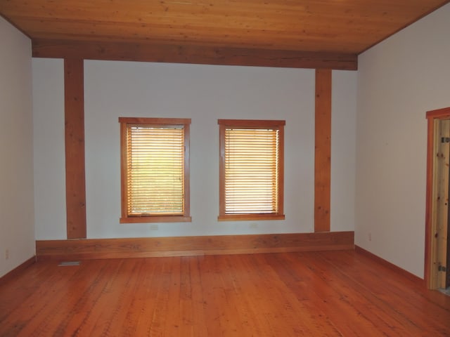 unfurnished room featuring wooden ceiling and hardwood / wood-style floors