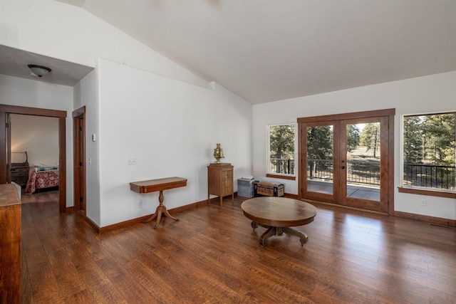 living area featuring french doors, dark hardwood / wood-style flooring, and lofted ceiling