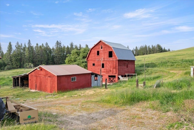 view of outdoor structure with a rural view