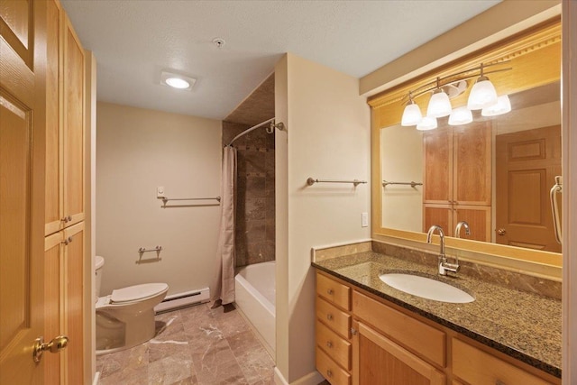 full bathroom with vanity, a baseboard radiator, shower / tub combo, and toilet