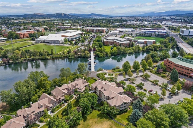 aerial view with a water and mountain view