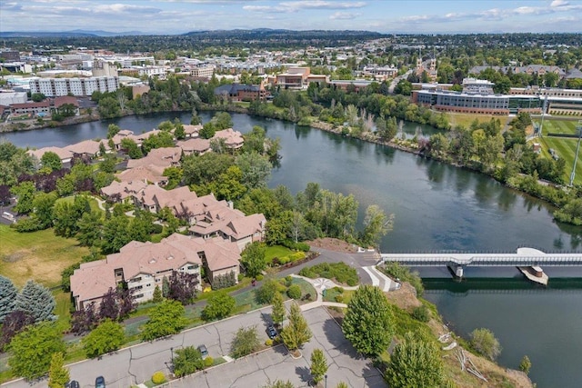 bird's eye view with a water view