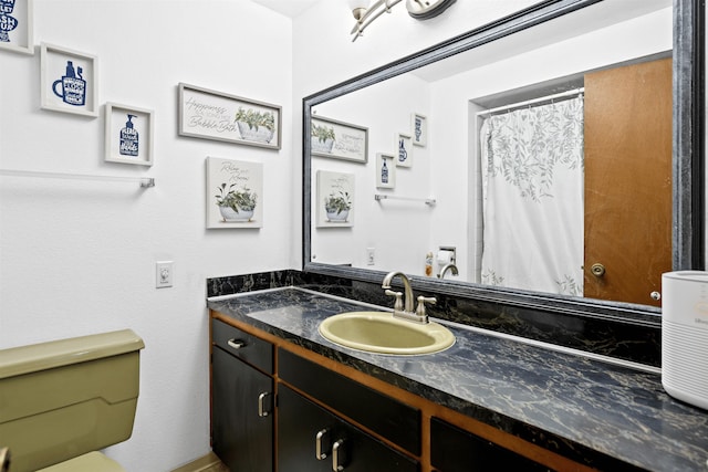 full bathroom with toilet, a shower with curtain, and vanity