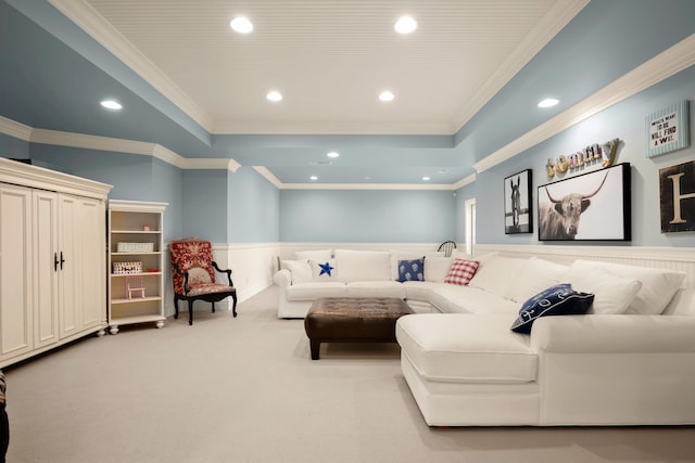 carpeted living room featuring ornamental molding