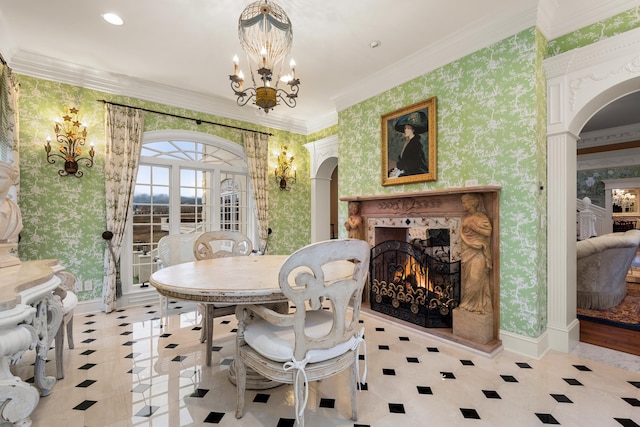 tiled dining area with a notable chandelier and crown molding