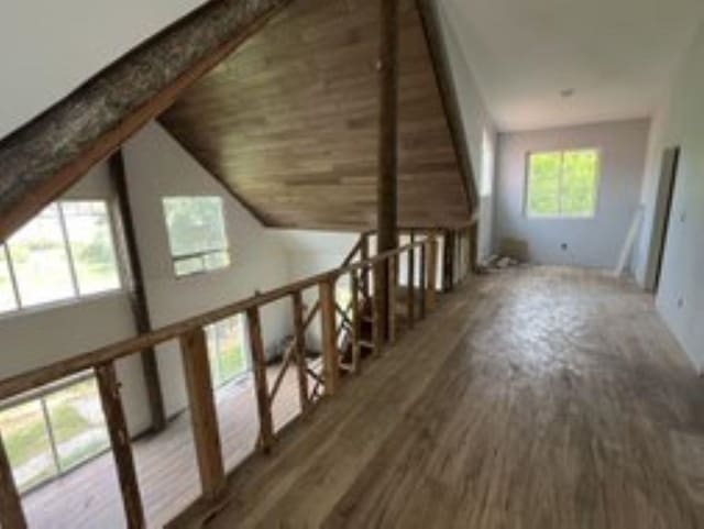 bonus room featuring high vaulted ceiling, wood-type flooring, and plenty of natural light