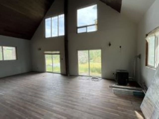 unfurnished living room featuring high vaulted ceiling, wood-type flooring, and a healthy amount of sunlight