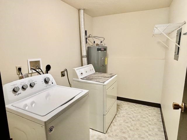 laundry area featuring electric water heater and washing machine and clothes dryer