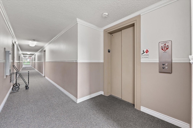 hallway featuring ornamental molding, carpet flooring, elevator, and a textured ceiling