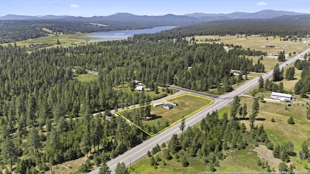 drone / aerial view with a wooded view and a water and mountain view