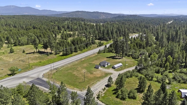 drone / aerial view with a mountain view and a view of trees