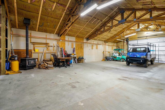 garage with a wood stove