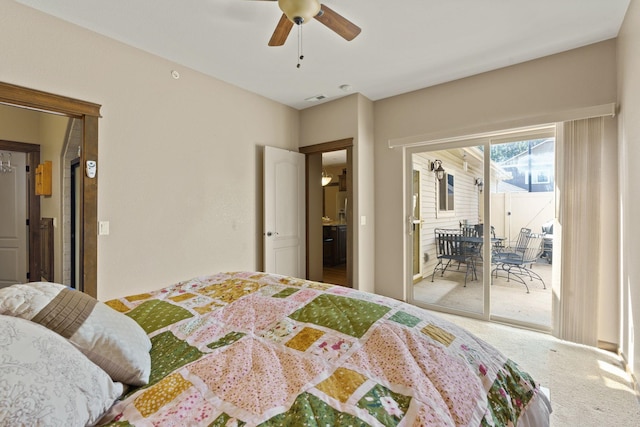 bedroom with access to exterior, ceiling fan, and light carpet