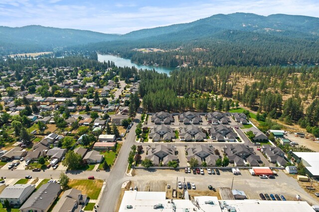 drone / aerial view with a water and mountain view