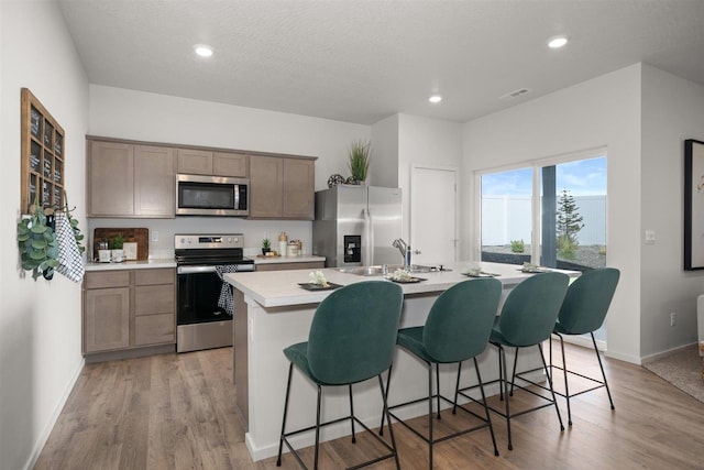 kitchen featuring light wood-type flooring, appliances with stainless steel finishes, a kitchen island with sink, and sink