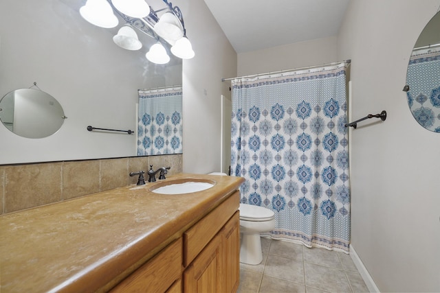 full bath featuring tile patterned flooring, a shower with shower curtain, toilet, and vanity