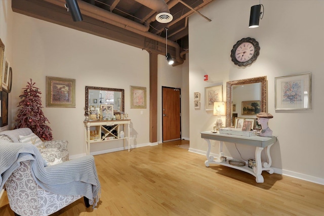 interior space featuring hardwood / wood-style flooring and a towering ceiling