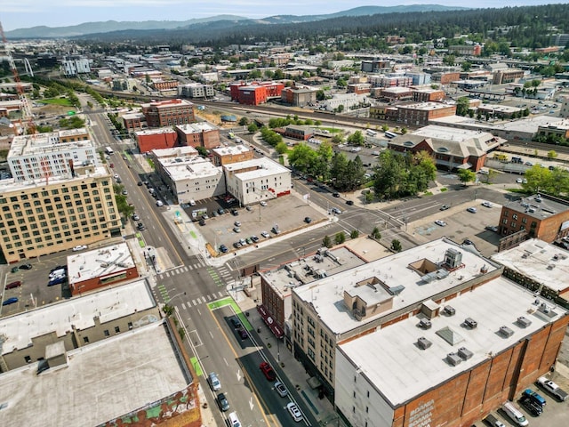 drone / aerial view featuring a mountain view