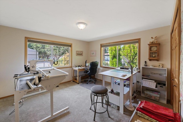 office space featuring a healthy amount of sunlight, light carpet, and baseboards