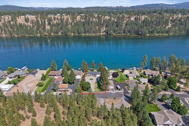 aerial view with a water view and a wooded view