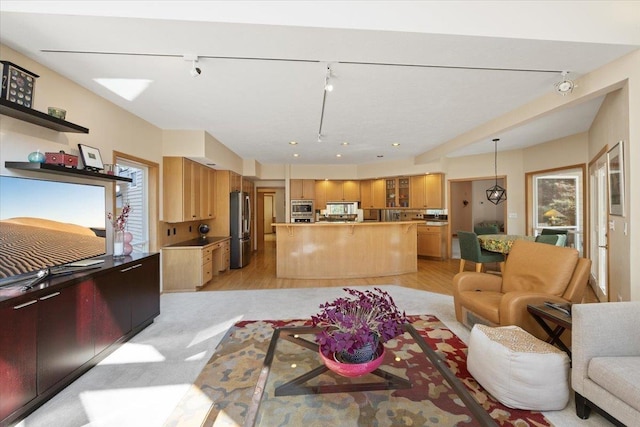 living room with rail lighting, light wood-style flooring, and recessed lighting