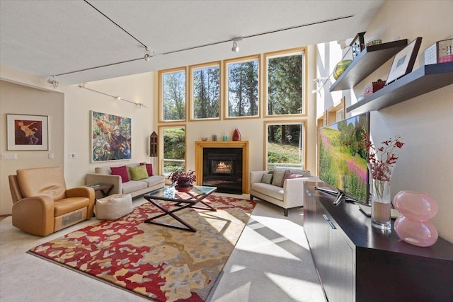 interior space with a towering ceiling, a wealth of natural light, a glass covered fireplace, and rail lighting