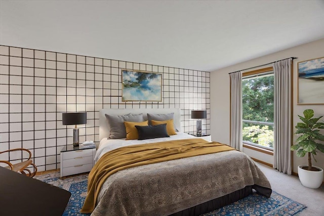 carpeted bedroom with tile walls