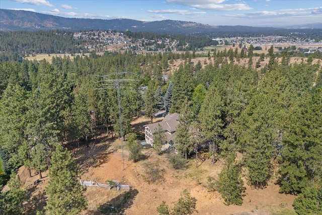 birds eye view of property featuring a forest view and a mountain view