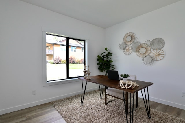 home office with hardwood / wood-style floors