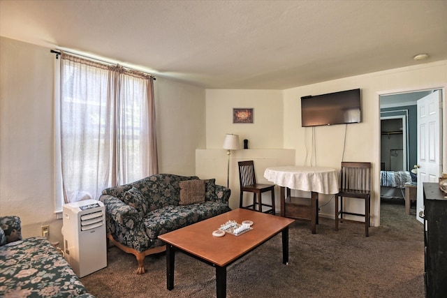 living room with dark colored carpet