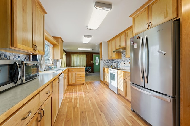 kitchen featuring sink, appliances with stainless steel finishes, light hardwood / wood-style floors, tasteful backsplash, and kitchen peninsula