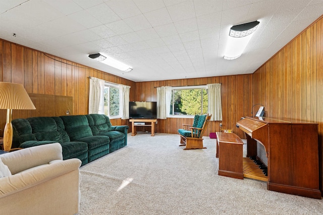 carpeted living room featuring wood walls