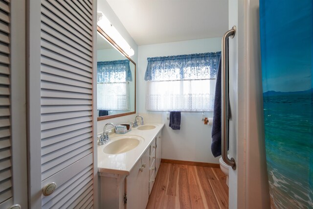 bathroom with hardwood / wood-style flooring, toilet, and vanity