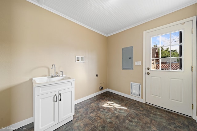 washroom with sink, cabinets, electric dryer hookup, electric panel, and ornamental molding