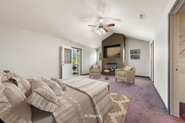 bedroom with ceiling fan, carpet, and vaulted ceiling