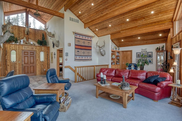 living room featuring beamed ceiling, high vaulted ceiling, wooden ceiling, and carpet floors