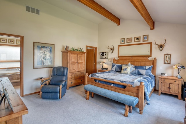 16547 E Whitelaw Rd, Wilbur, WA 99185 - bedroom with visible vents, baseboards, vaulted ceiling with beams, and carpet floors