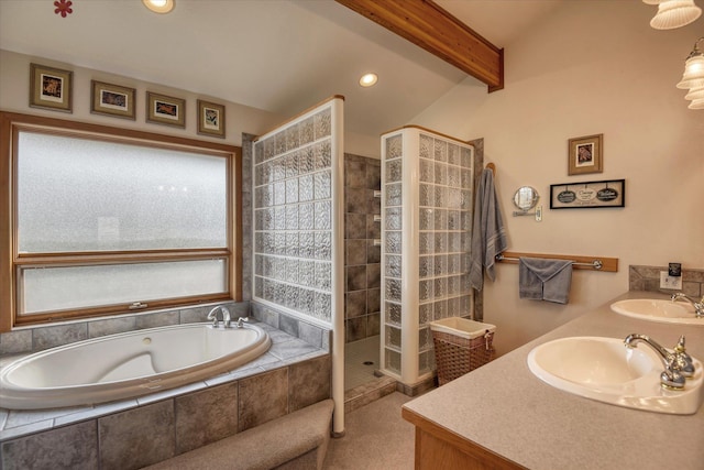 16547 E Whitelaw Rd, Wilbur, WA 99185 - full bathroom with a sink, beam ceiling, walk in shower, and a garden tub